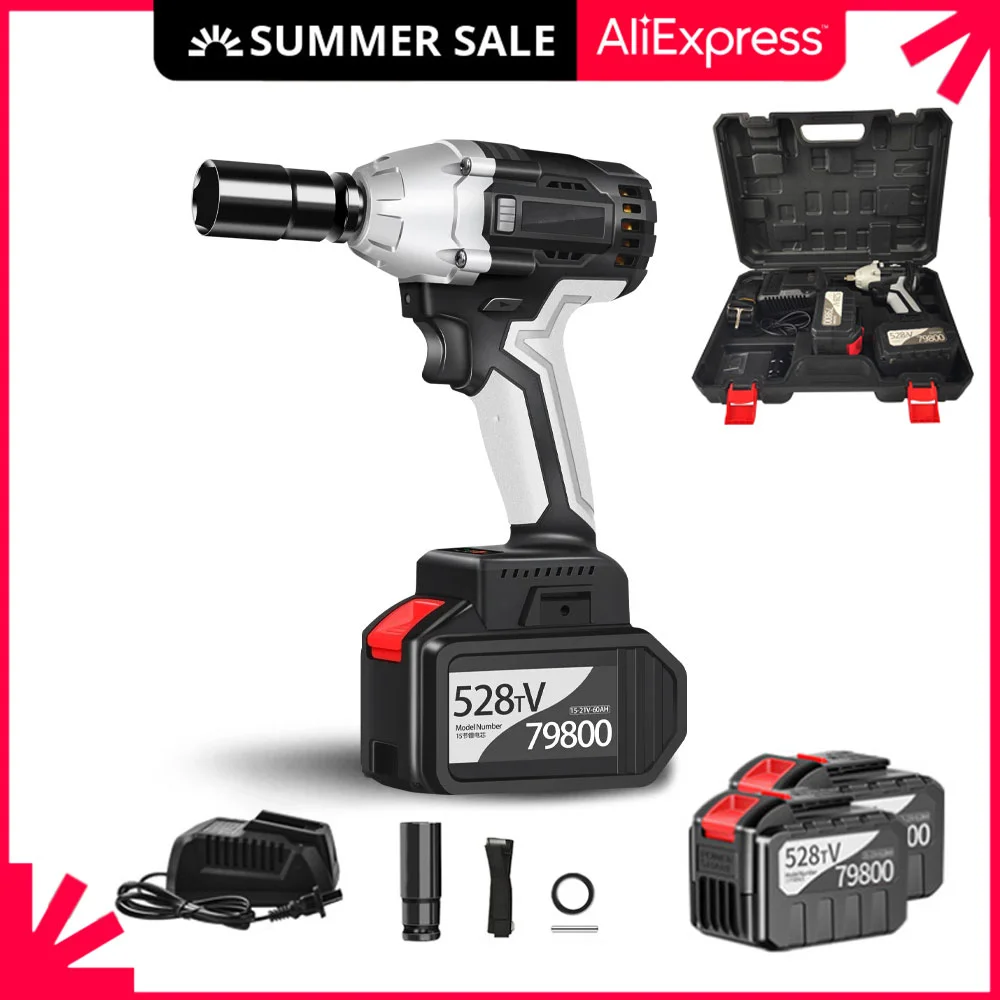 

Cordless Electric Impact Wrench Motor 1/2" Square Brushless Rechargeable Wrench with two Li-ion batteries for Repair Car Tools