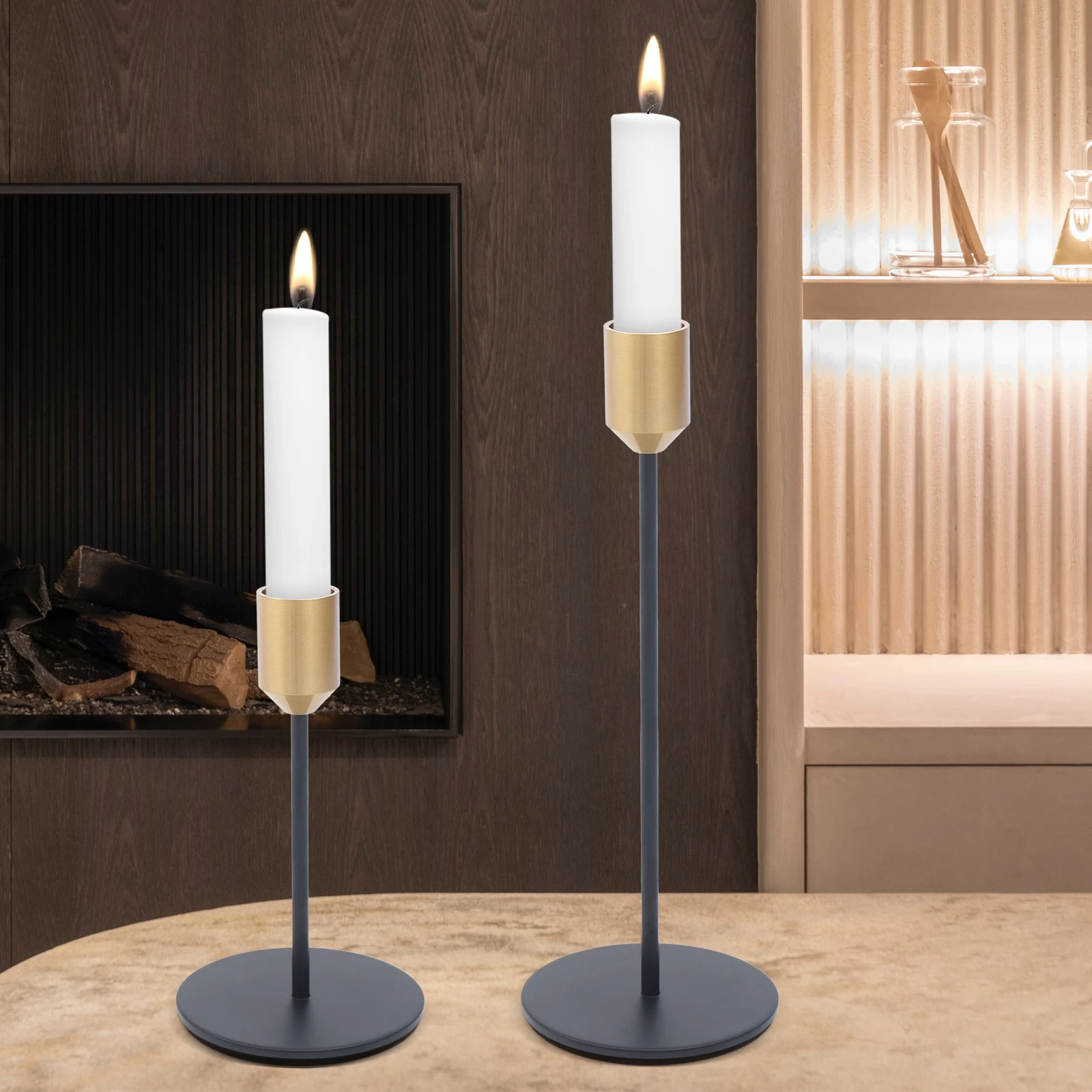 

Candlestick Holders Taper Candle Holders, 2 Pcs Candle Stick Holders Set, Gold & Black Candlestick Holders Set Table Decorative