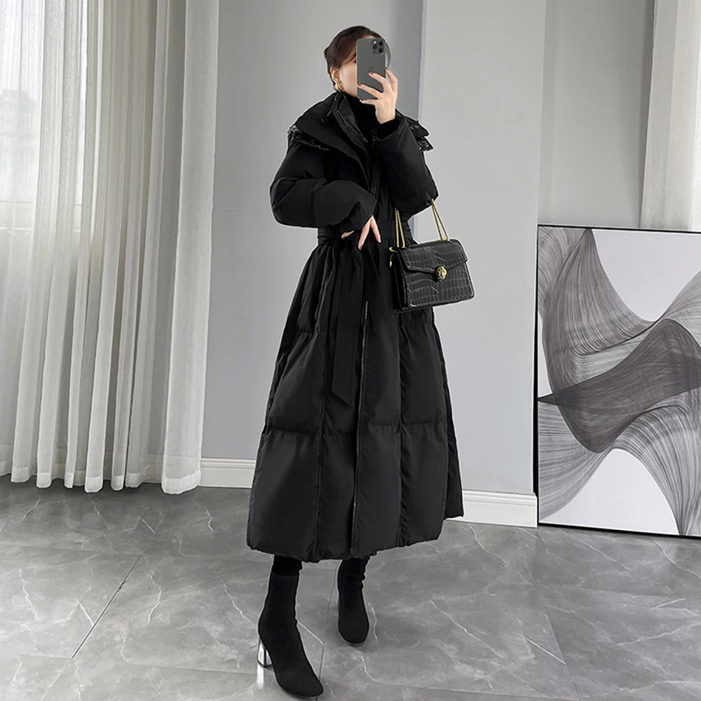 2022 New Lengthened Hoodie Down Coat Women's Over The Knee Black Hooded Long Down Outwear Super Thicken Snowwear Warm Overcoat