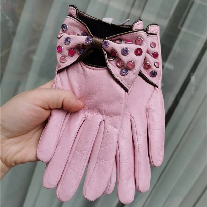

High Quality Colorful Diamond Women's Really Leather Short Fashion Warm Import Sheepskin Gloves Guantes Mujer