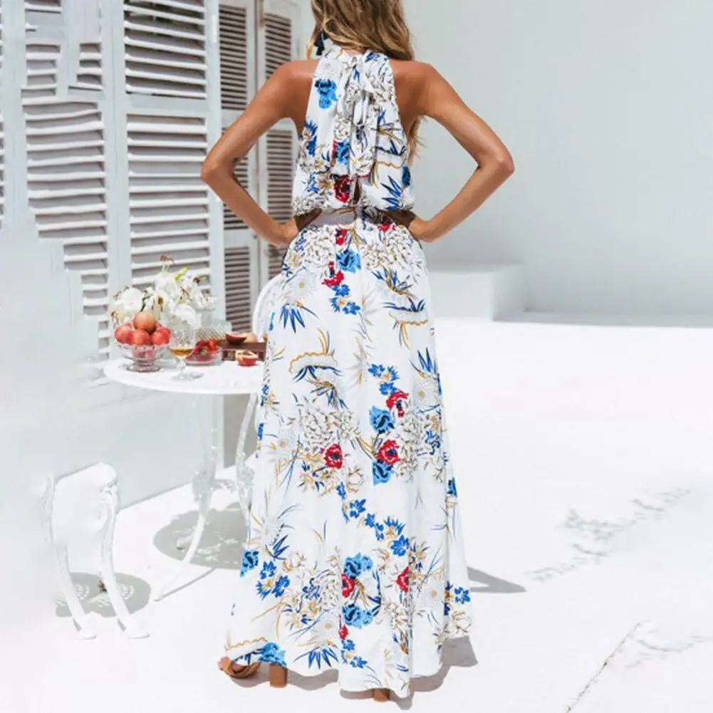 

Модное милое повседневное длинное платье с высоким подолом без рукавов с лямкой на шее тонкое летнее платье на ощупь женская одежда