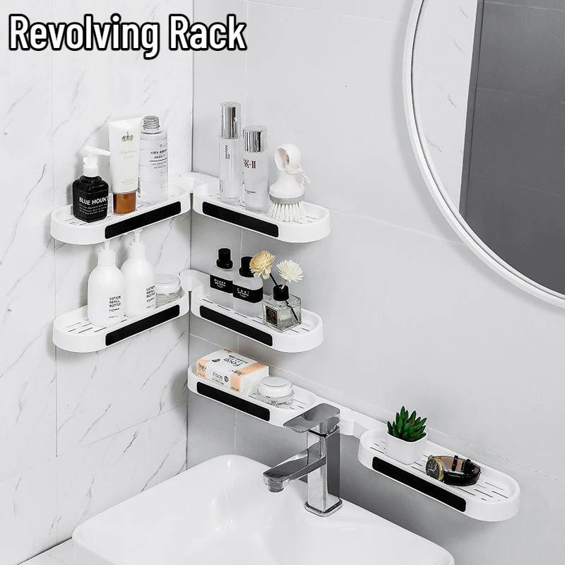 Wall Mounted Revolving Rack Bathroom Organizer Washstand Toilet Shelf Punch Free Kitchen Storage Holder Bathroom Accessories