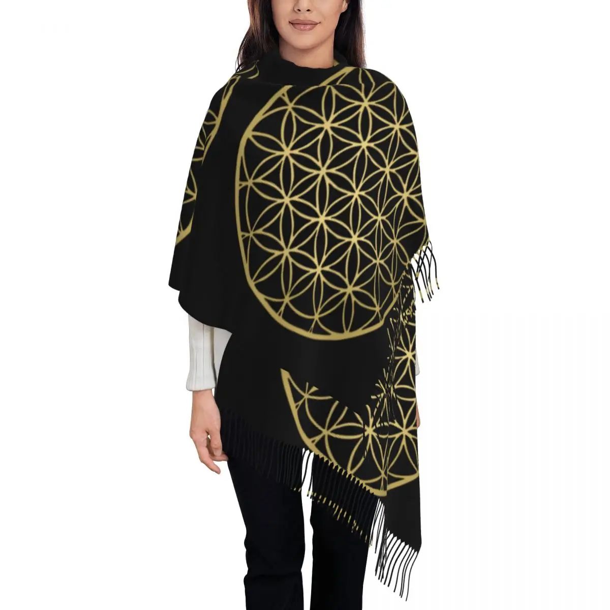 

Tassel Scarf Flower Of Life Mandala Gold Large Fall Shawl and Wrap Mandala Sacred Religious Geometry Daily Wear Cashmere Scarf