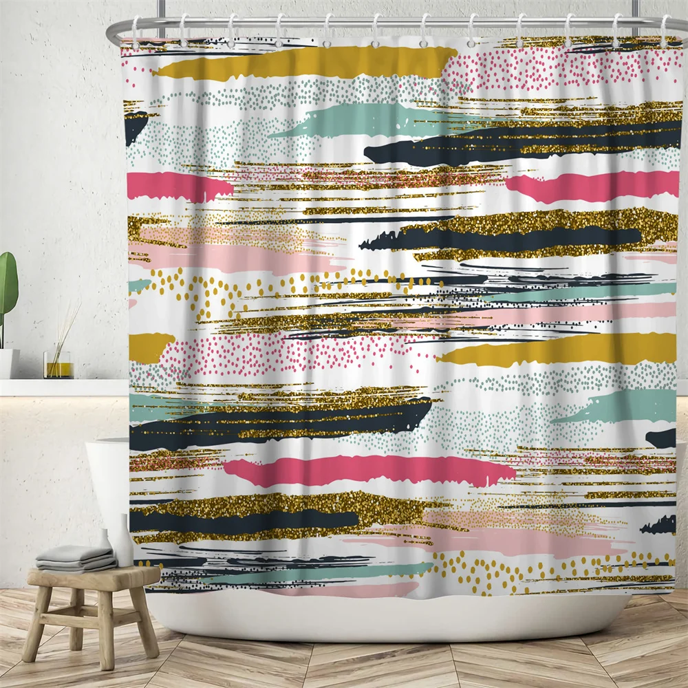 

Geometric Color Block Shower Curtain Waterproof Mildew Proof Bathroom Accessories Hanging Screen Cloth Hooks No Punching Decors