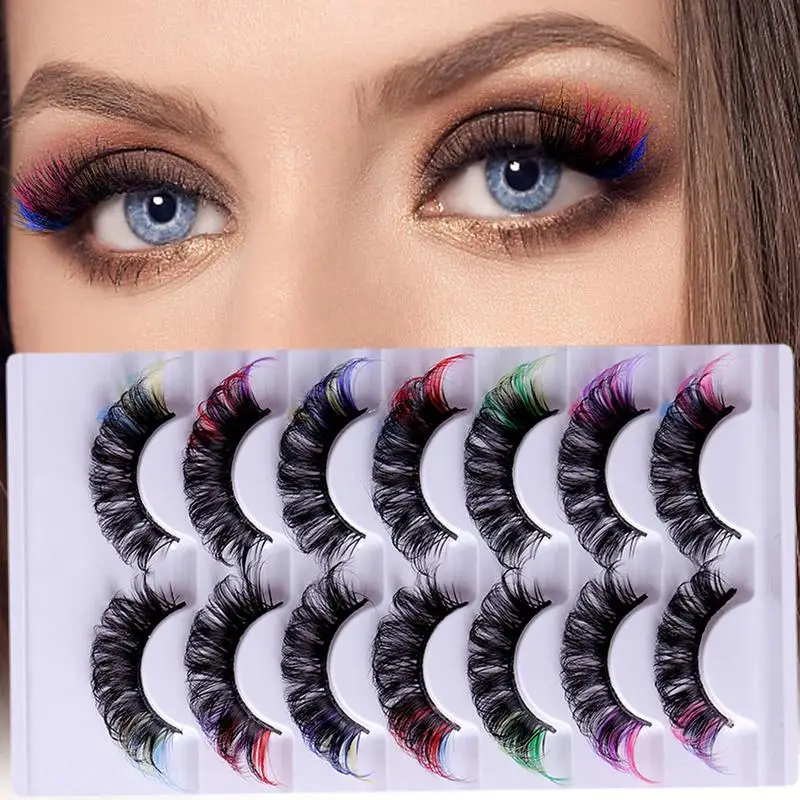 False Colored Eyelashes 7Pairs Fake Fluffy Eye Lashes Soft Wispy Natural Eyelash Extension Light Weight Easy To Remove For Girl