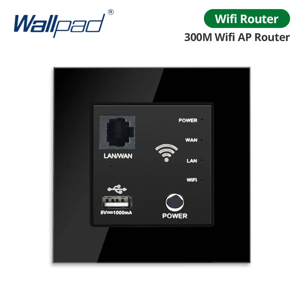 Wallpad черная панель из закаленного стекла с розетками и USB портом 1/2/3/4 Gang