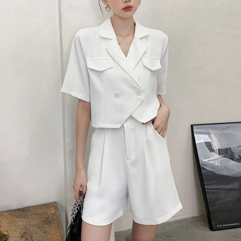 

Summer Female Loose Casual Office Lady Short-Sleeve Crop Thin Blazer And High Waist Women's Female Shorts Suits 2 Piece Sets