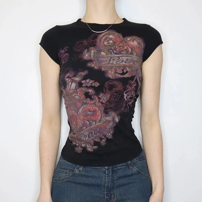 

Gaono Y2K Aesthetic Retro Cyber Techno T-shirt Graphic Tees Harajuku Vintage Grunge Slim Fit Crop Tops Women Short Sleeve Clothe