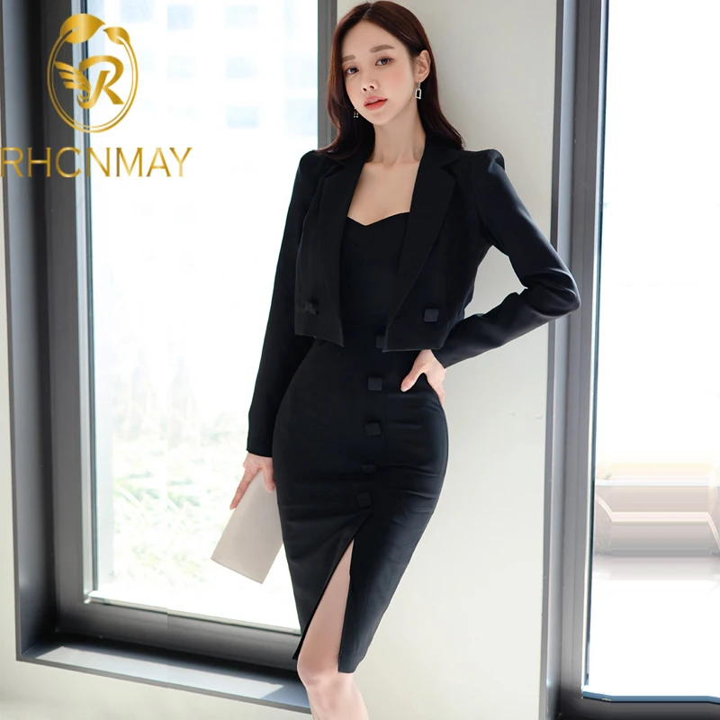 

Женский офисный комплект из двух предметов, элегантный черный костюм в Корейском стиле и однобортное платье на бретельках, элегантная рабо...