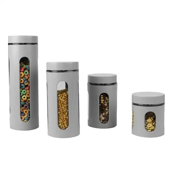 

4 Piece Stainless Steel Canisters with Multiple Peek-Through Windows, Grey