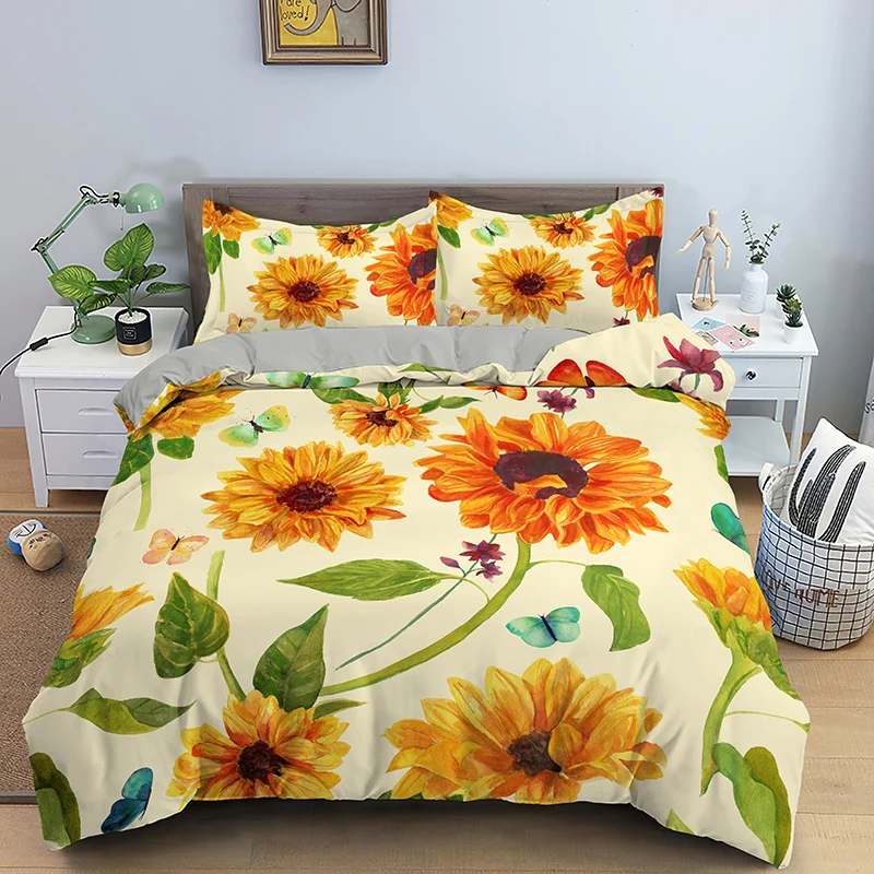 

Yellow Sunflower Printed Bedding Set Luxury Home Textiles Couple Double Quilt Cover Soft Pillow Duvet Cover Twin Single Bedding