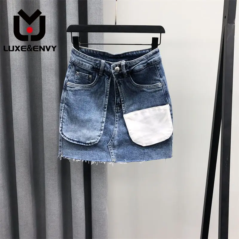 

LUXE&ENVY High Waist Individualized Denim Short Skirt Women New Trend Large Pocket Color Matching A-line Half 2023