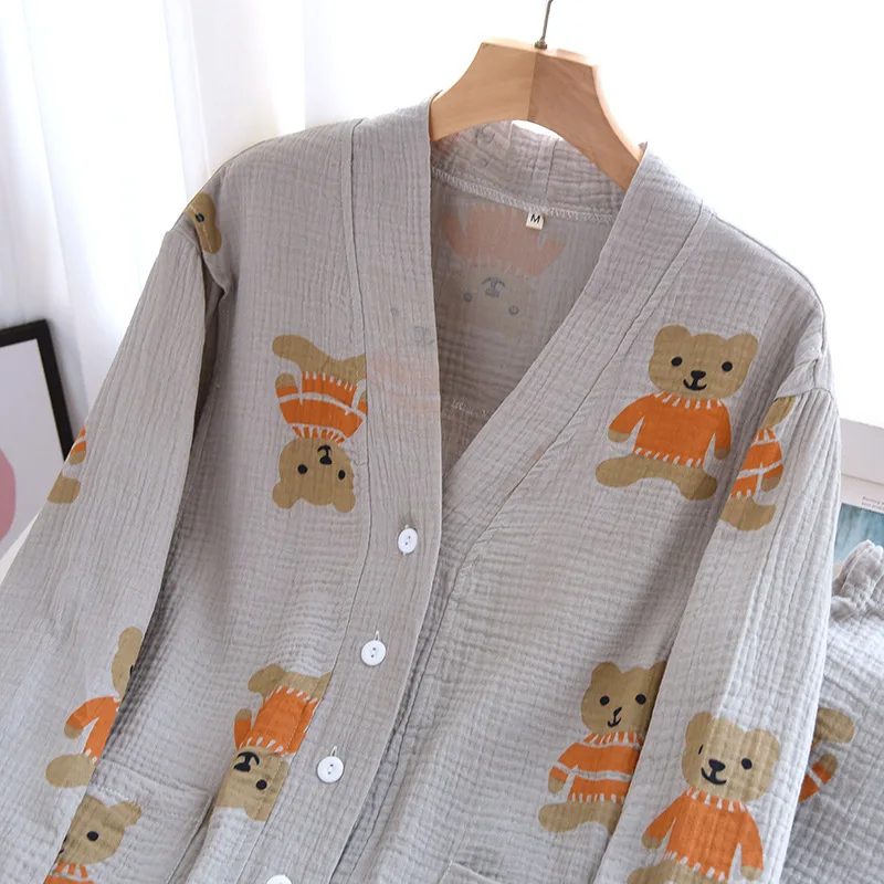 4XL Nursing Pajamas V-neck Nursing Open Cardigan Long Sleeve Confinement Clothes Woven Cotton Crepe Thin Feeding Sleep Wear Home