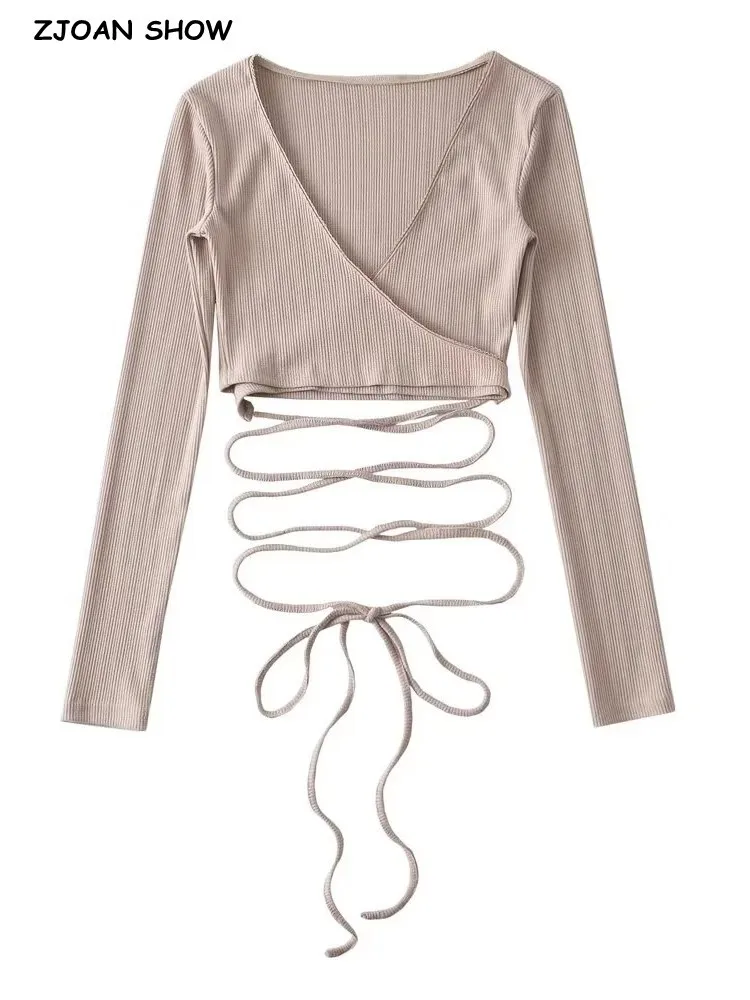 

Женский топ с V-образным вырезом, однотонный облегающий топ в рубчик с завязкой на талии и длинными рукавами, 2023