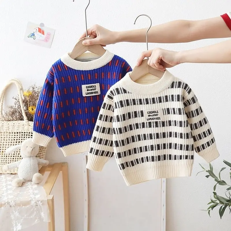 

2023 New Sweaters For Boys Winter Clothes Girls Striped Fashion New Children Roundneck Thick Warm Soft Kids Knitting Costom