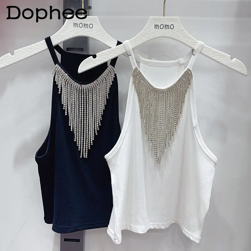 

New Heavy Industry Rhinestone Sequin Stitching Inner Bottoming Sling Tanks Summer 2023 French Halter Camisoles Vest Y2k Crop Top