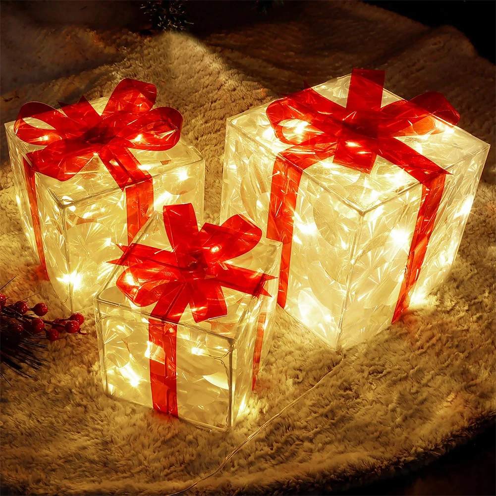 

Christmas Illuminated Gift Box Detachable 3 Pcs 100 LED Lights Present Box Foldable Battery Operated Wedding Holiday Party Decor