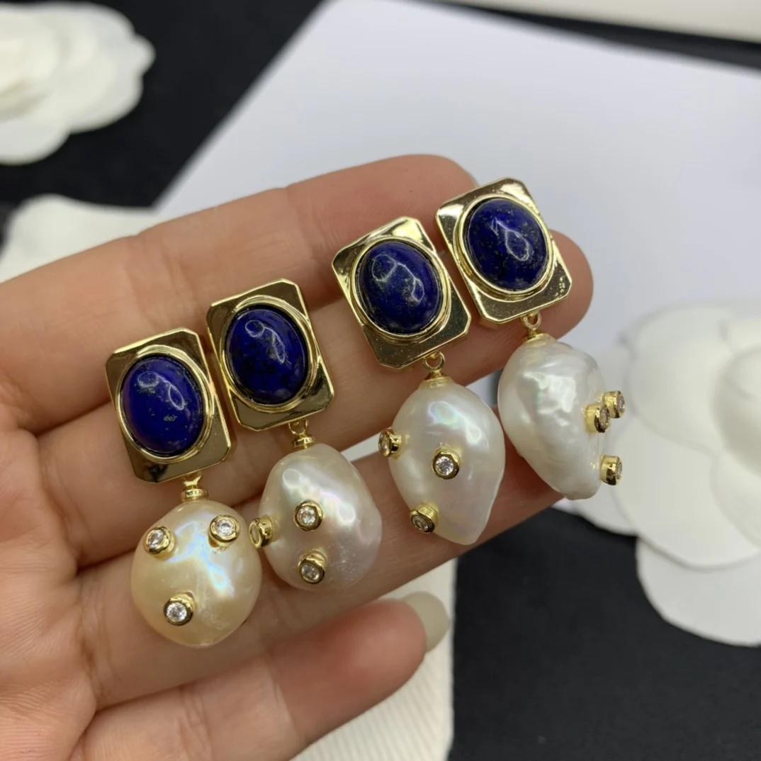

European and American new natural pearl lapis lazuli earrings