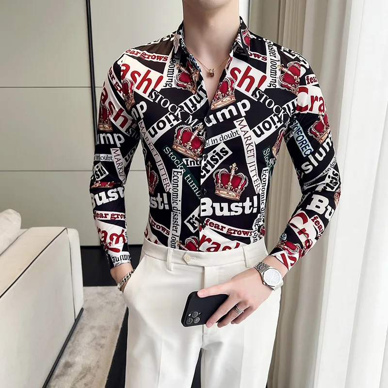 Luxury Printed Shirts for Men Long Sleeve Slim Casual Shirt British Style Business Formal Dress Shirt Social Party Tuxedo Blouse