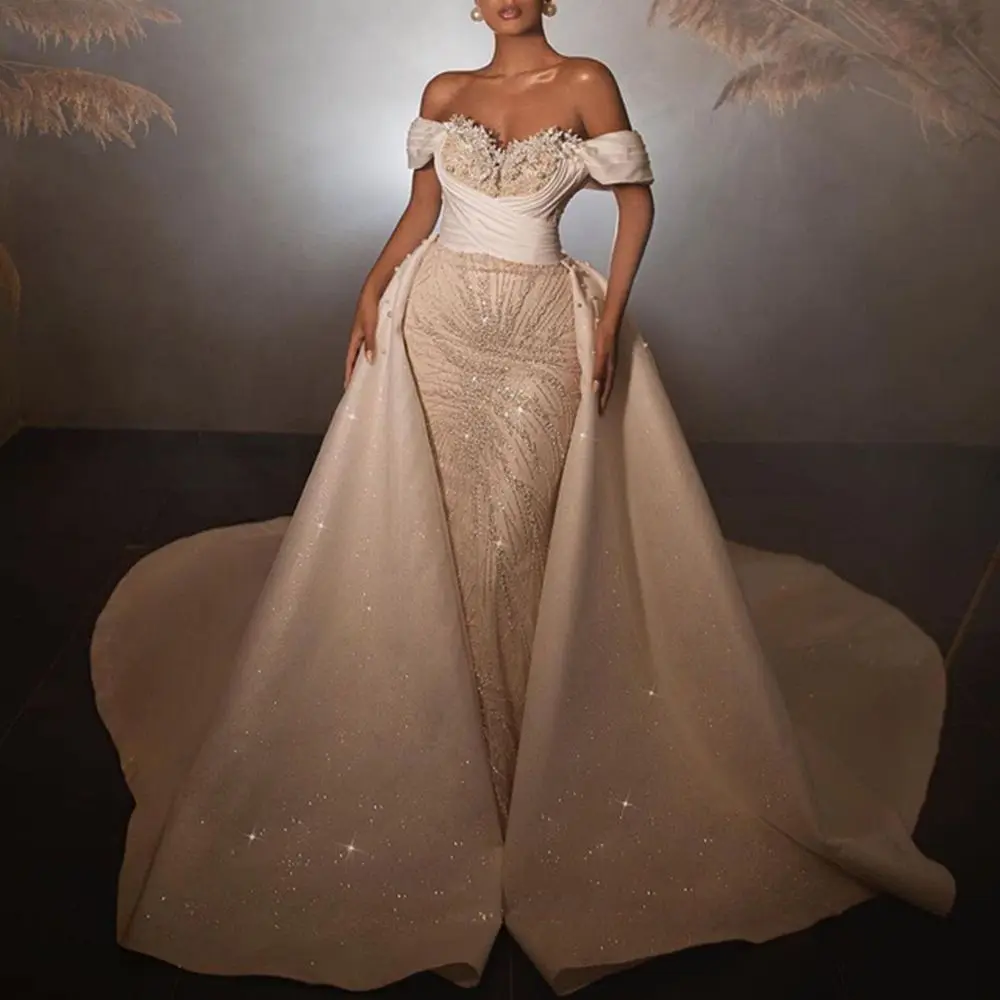 

Luxury Mermaid Prom Dress Off Shoulder Sparkly Sequins With Detachable Train Gown Applique Ball Dresses For Women Robe De Soirée