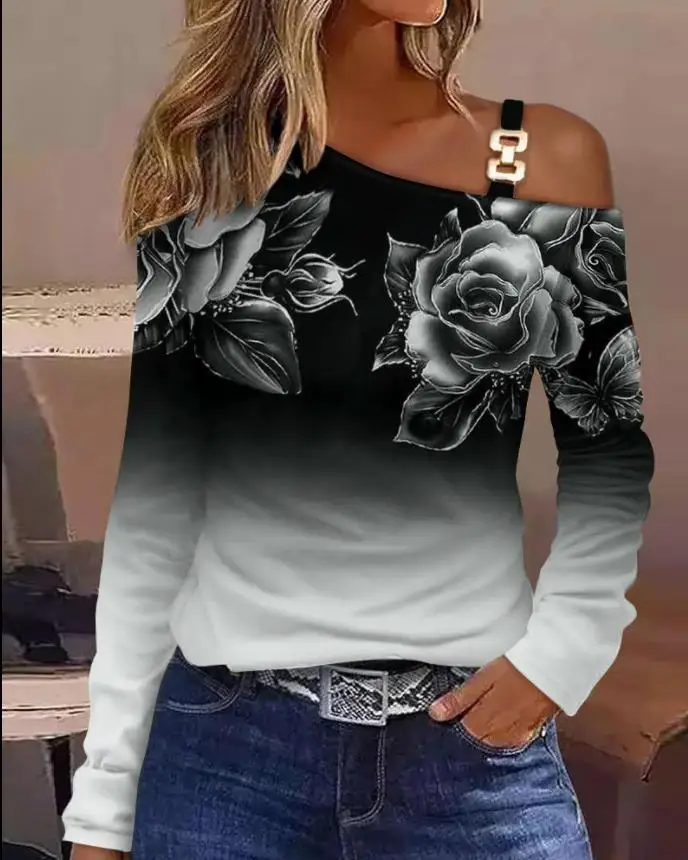 

Women Top Casual Floral Ombre Print Cold Shoulder Top Long Sleeve Fashion Asymmetrical Collar Female Wear