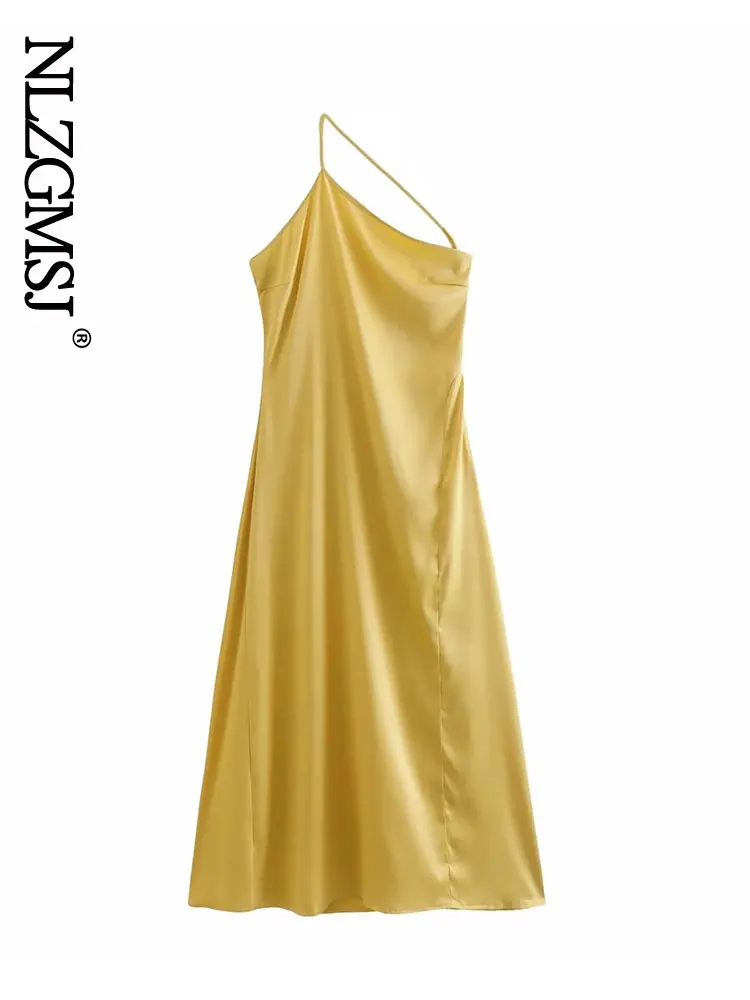 

Nlzgmsj 2022 Summer Vintage Women Satin Slip Dress Yellow Spaghetti Strap Silk Sexy Long Party Dress 202208
