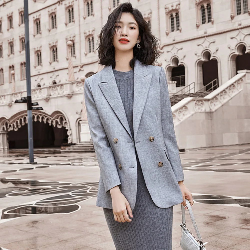 Женский Повседневный деловой пиджак серый однотонный блейзер в британском стиле