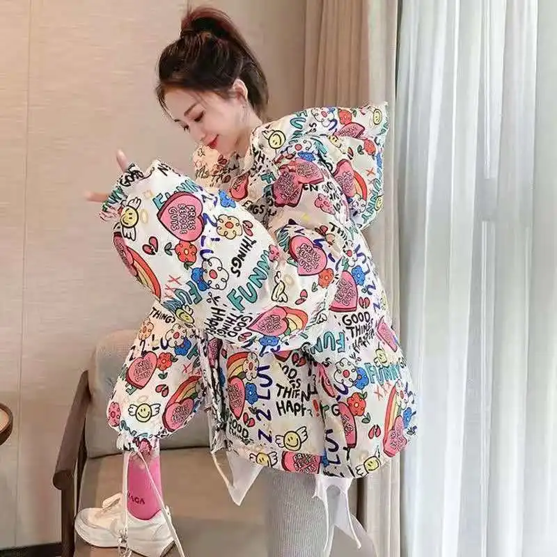 

2021 зимний Корейский Молодежный кардиган с капюшоном и длинными рукавами, короткая пуховая куртка, свободная куртка с принтом