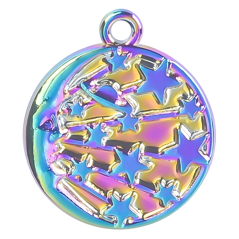 

2pcs Moon Stars Shooting Star Fireworks Saturn Planet Metal Round Plaque Charm Rainbow Color Pendant For Jewelry Making Supplies