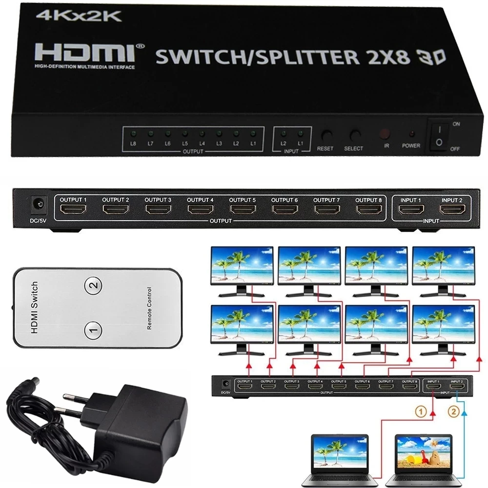 4K 30 Гц 2x8 HDMI переключатель сплиттер 2x2 2x4 видео преобразователь 2 в 8 выход для PS4 DVD камеры ноутбука ПК до 2 4 6 8 мультитв монитора