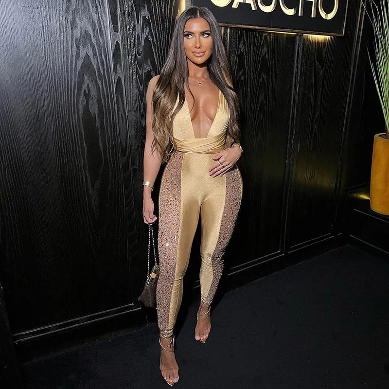 

Sexy Sequins Stitching Backless Shiny Jumpsuits Women Low Neck Patchwork Cleavage Sleeveless Sheath Overall Clubwear Outfit