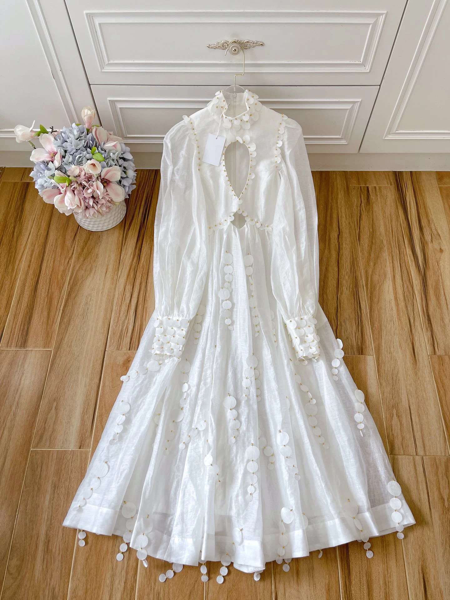 

High Quality Silk Linen Hollow Out Sexy Lantern Sleeve Tassel Women Midi Dress Elegant Solid Chic Vintage Luxury Clothes