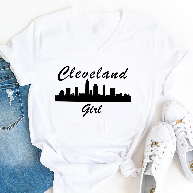 

Rheaclot Cleveland Girl City Skyline Women's Funny Summer Short Sleeve Graphic V-Neck Tee Top