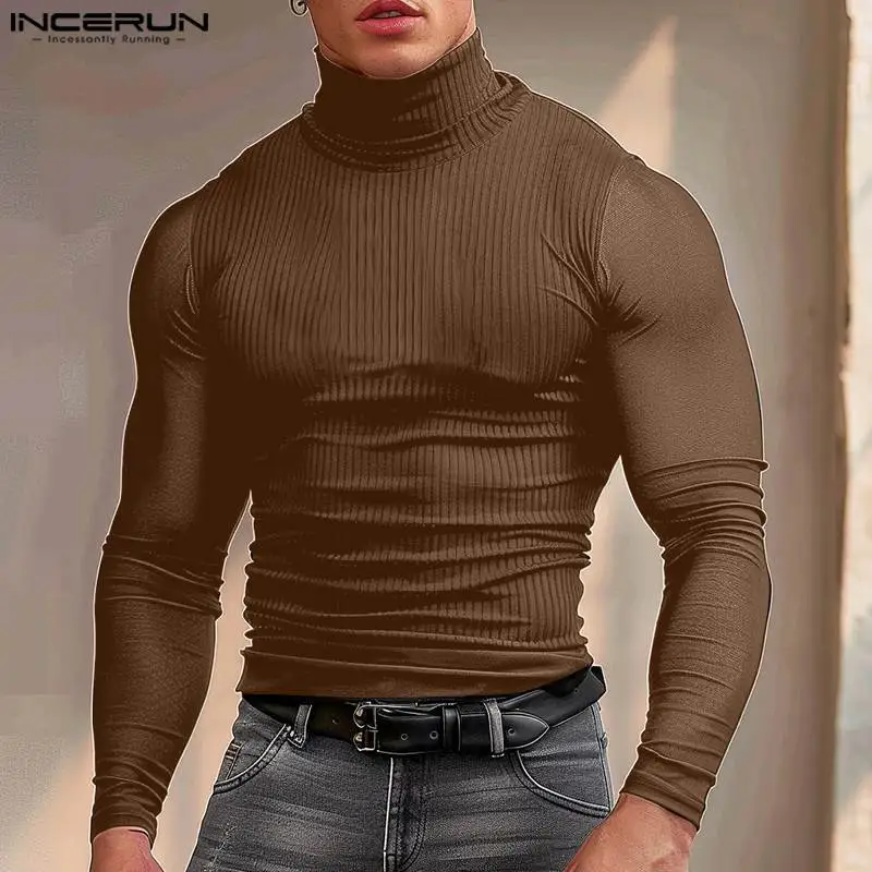 Handsome Well Fitting Tops INCERUN Men's Solid Stripe Texture T-shirts Casual Street Long Sleeved High Neck Camiseta S-5XL 2024
