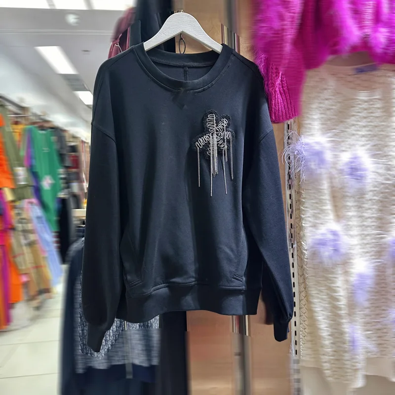 [zoci] Стильная осенне-зимняя свободная толстовка с длинными рукавами и вышитой