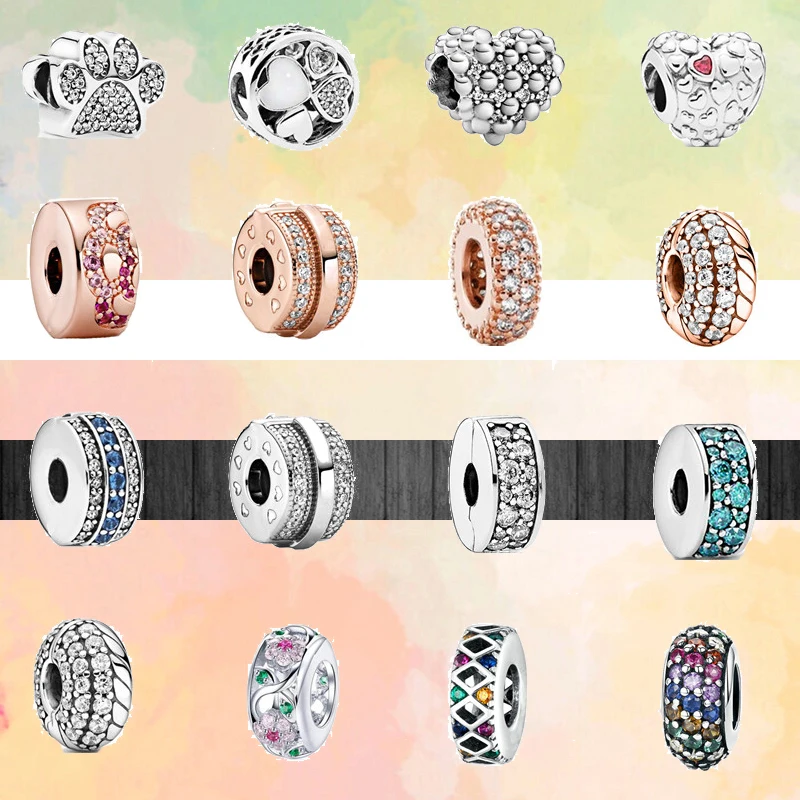 

New Silver Color White Colorful Zircon Heart DIY Clip Beads Fit Original Pandora Charm Bracelet Bangle Women Europe Jewelry Gift