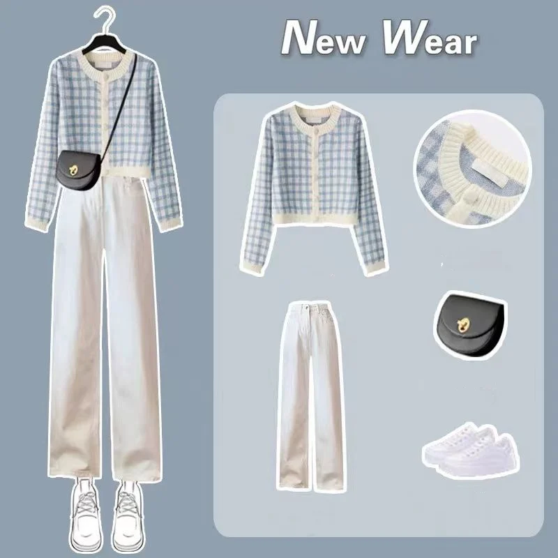 Женский трикотажный комплект из двух предметов клетчатый кардиган с высокой