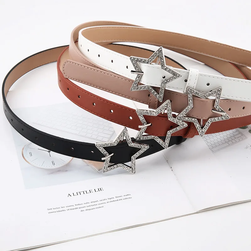 Trendy Spicy Girl Pink PU Leather Belt Metal Fashion Buckle Five-point Star Full Drill Waistband Women Y2K Versatile Decoration