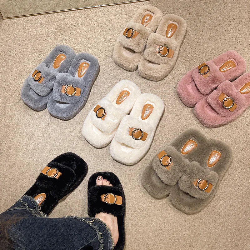 Summer Fluffy Raccoon Women Fur Slippers  Square Head Thick Heel   Flip Flop Flat Furry Fur Slides Sandals  Amazing  Girl Shoes