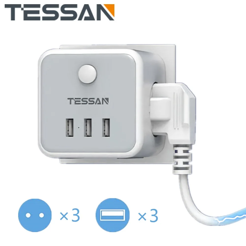 

TESSAN USB Socket Travel Adapter EU Plug Gray Cube with On/Off Switch 3 AC Outlets 3 USB Ports Wall Charger Overload Protection