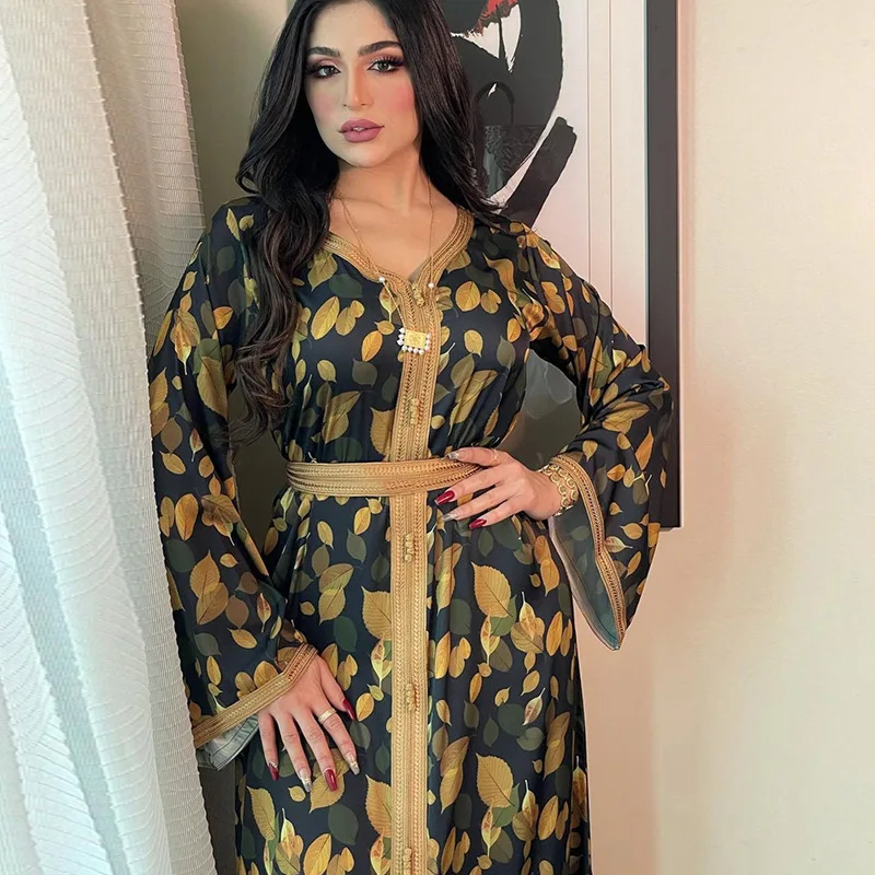 Women's Jalabiya Printed Long Belt Dress Dubai Abaya Turkey American Clothing Muslim Robe Abayas for Women 2022 Ramadan