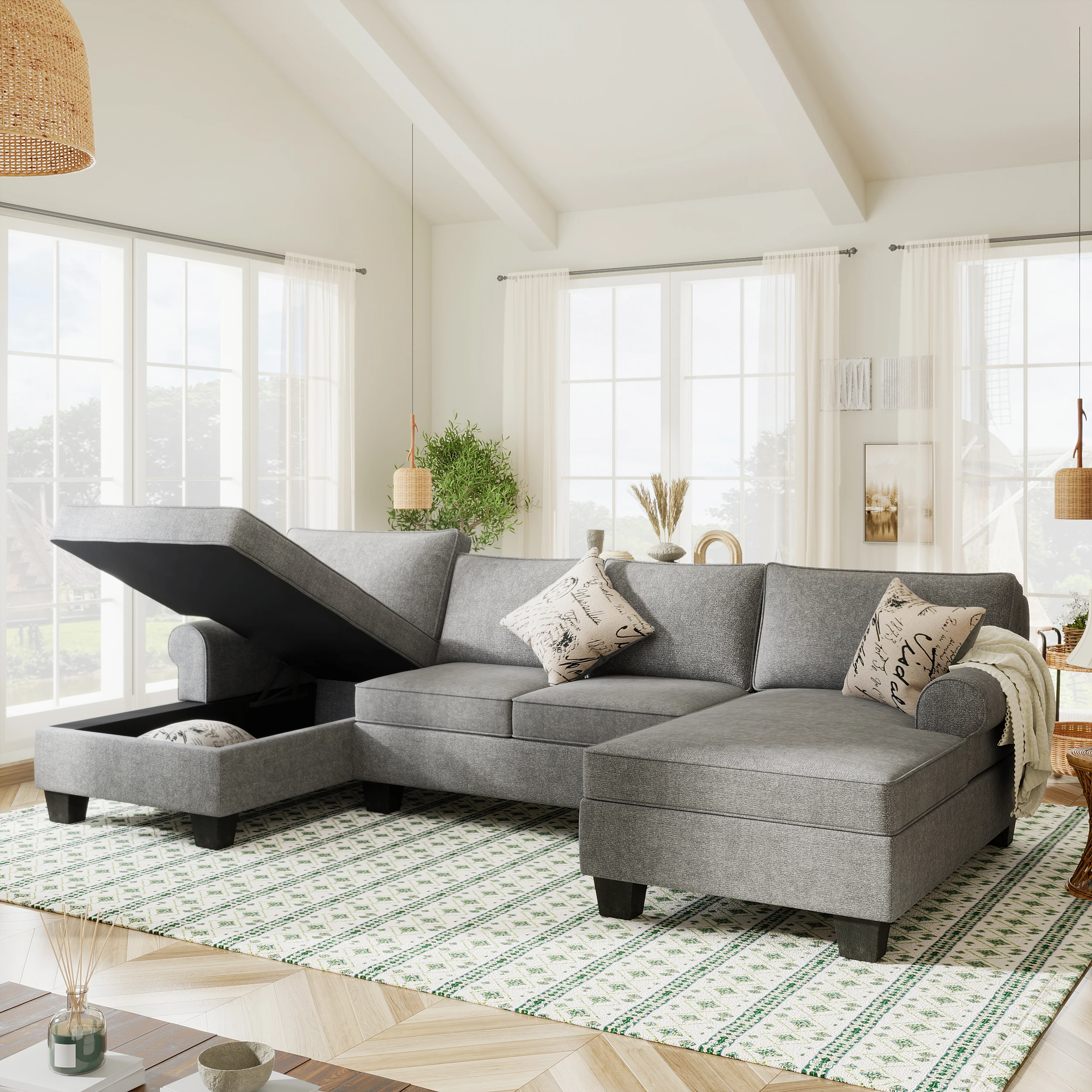 

3pcs Chenille Sectional U Shaped Sofa with Double Chaises, Rolled Arm Sofa with storage Chaises, 3 pillows included