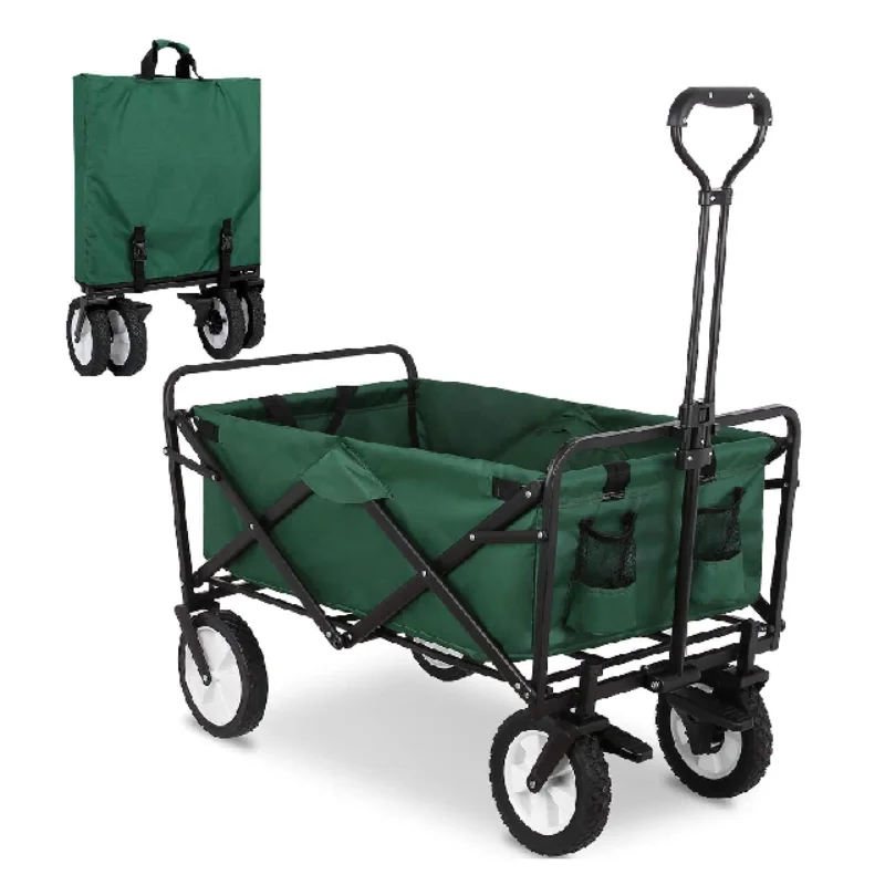 Collapsible Folding Outdoor Utility Wagon, Heavy Duty Garden Cart with Wheel Brakes and 2 Cup Holders Adjustable Handle (Green)