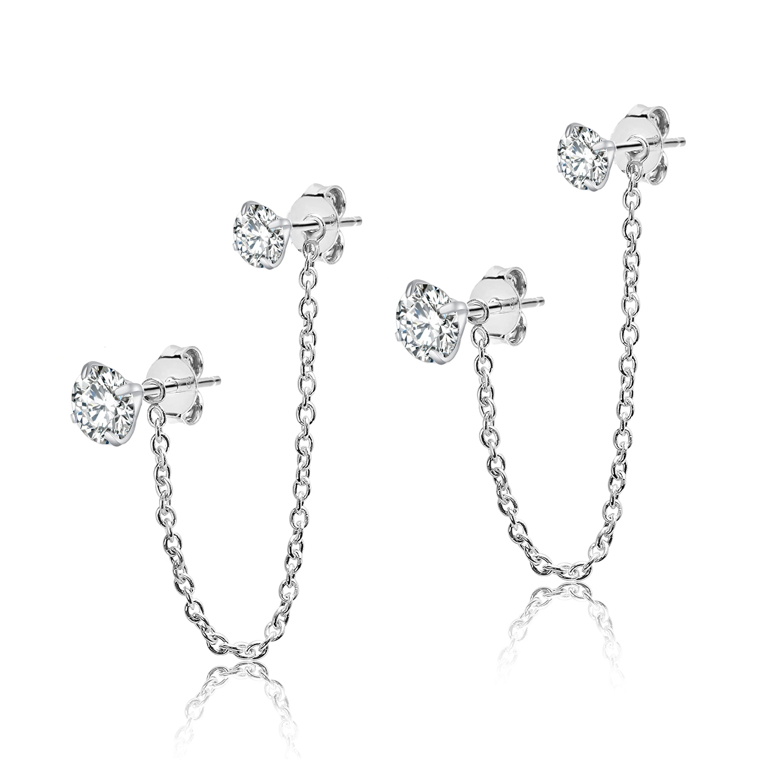 

Stainless Steel Cubic Zirconia Studs 6mm&4mm Chain Earrings Double Piercing with Removable Chain Double Hole Drop Dangle Earring
