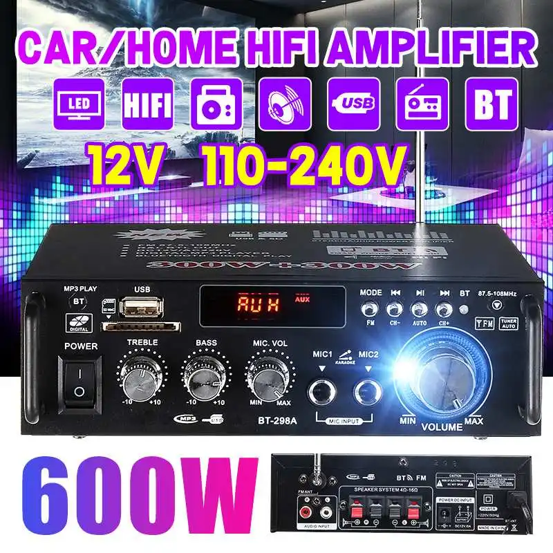 BT-298A 600W Home Amplifiers Audio bluetooth Power Amplifier Subwoofer Home Theater Sound System Amplifier HIFI USB FM Home car