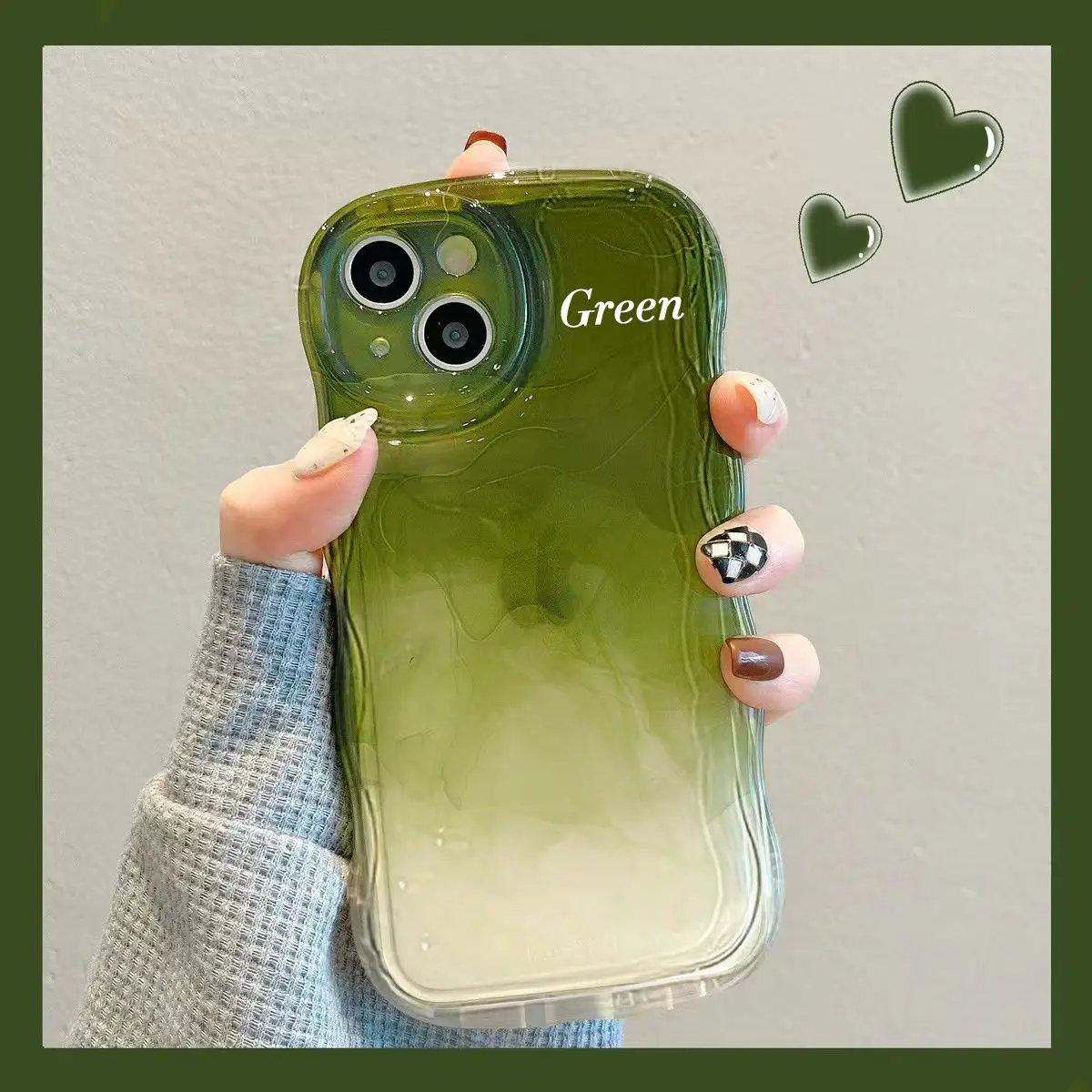 Soft Silicone Wave Pattern Gradient Green Mobile Phone Case Iphone14/13/12/11/xr/xs/x Anti-drop Lens Film Protective Cover