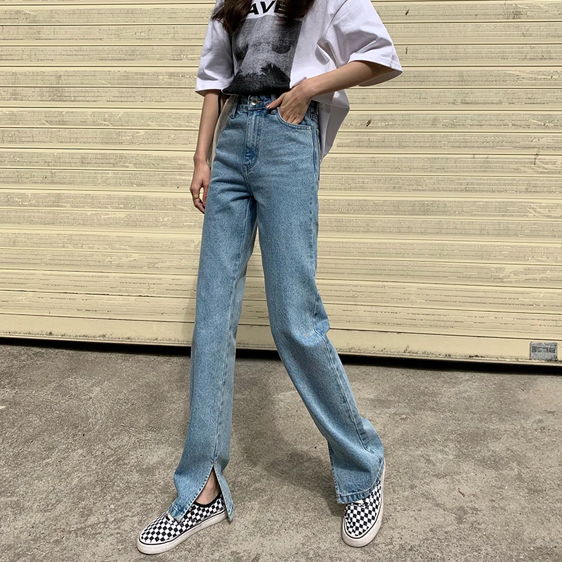 Jeans Women's Light Blue Summer Casual Commuter High Waist Loose Slim High Vintage Split Straight Leg Long Pants