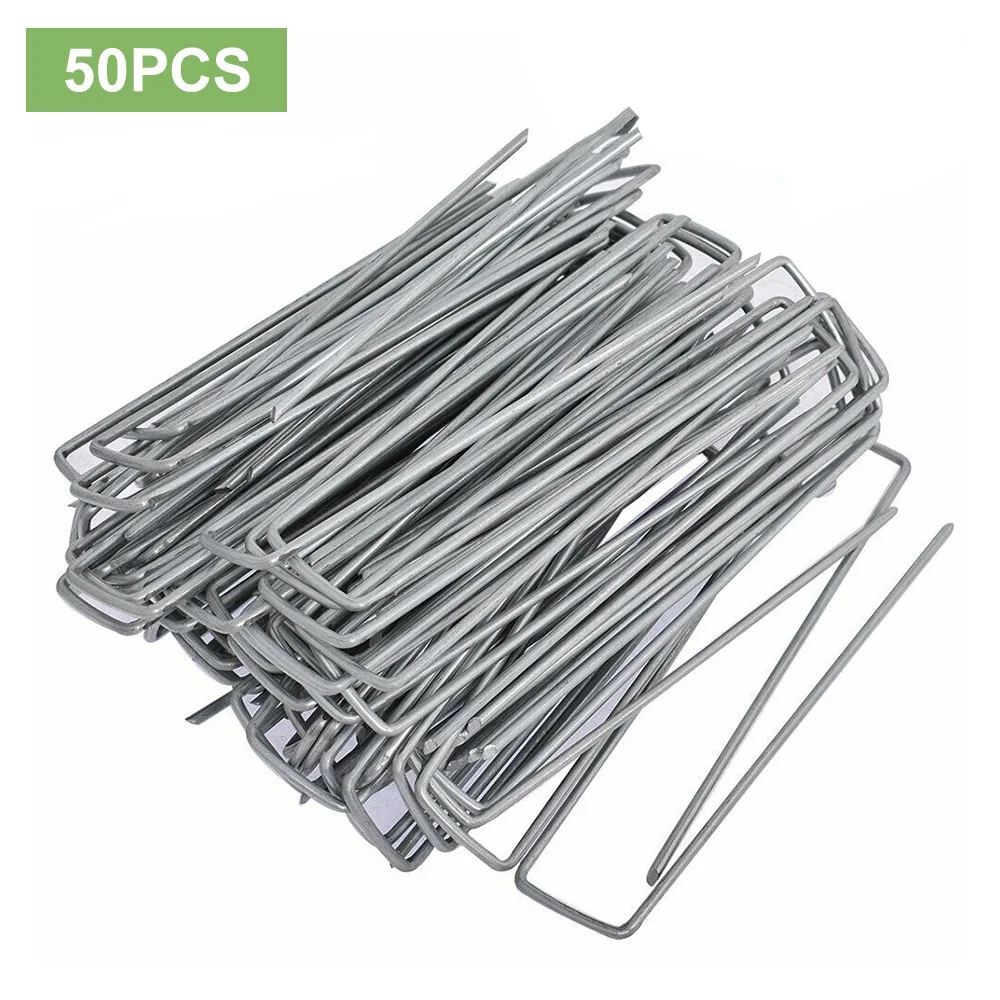 

50pcs Metal Garden Stakes Galvanized Landscape Staple Heavy Duty U Shaped Landscape Ground Pin for Securing Weed Barrier Fabric