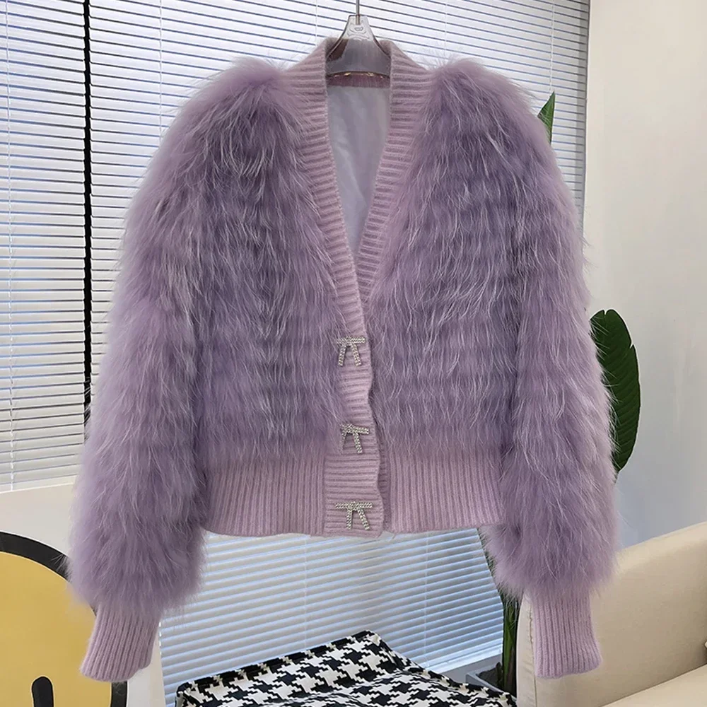 

Fashion Luxurious Women's Fur Jacket New Winter Ladies Luxury Natural Fur Jacket V Neck Real Raccoon Fur Warm Puff Sleeve Coat