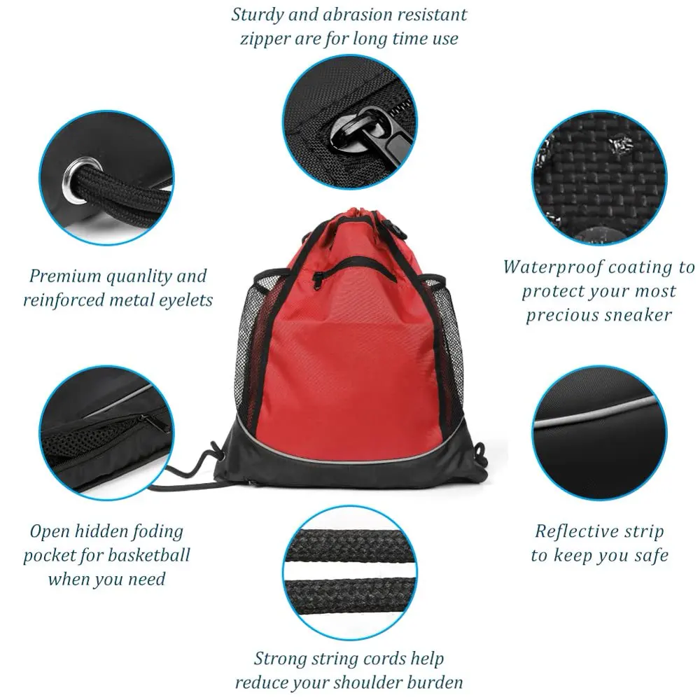 Drawstring Basketball Backpack for Boys, Large Capacity Outdoor Sports Bag with Detachable Ball Mesh Bag for Gym, Yoga, Hiking,